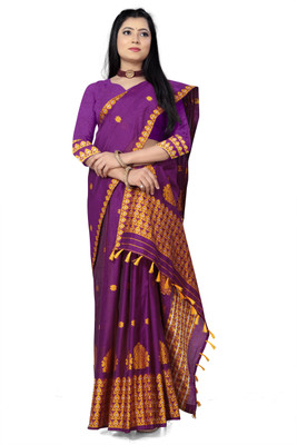 VARCREATION Woven Mekhela Chador Pure Cotton Saree(Purple)