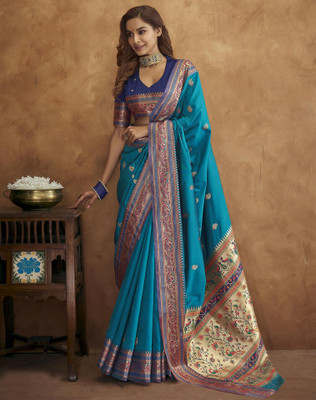 Tasrika Woven, Embellished Paithani Pure Silk Saree(Gold, Blue)