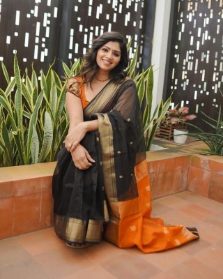 AVANSHEE Self Design, Woven, Embellished, Solid/Plain Banarasi Jacquard, Cotton Silk Saree(Black)