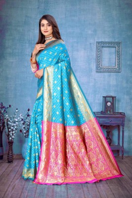 THESIYA FAB Printed Bollywood Jacquard, Art Silk Saree(Light Blue)