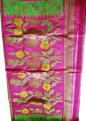 THE BULL Embroidered, Woven Jamdani Cotton Silk Saree(Pink, Green)