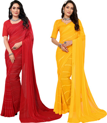 Anand Sarees Striped Bollywood Satin Saree(Pack of 2, Red, Yellow)