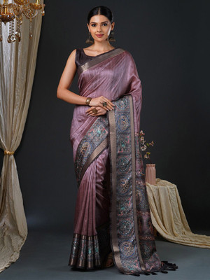 ANOUK Printed Hand Batik Silk Blend Saree(Purple)