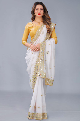 PRETTYAGE Embroidered Banarasi Georgette Saree(White)