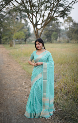 PeachPetals Checkered, Striped, Woven Banarasi Cotton Silk Saree(Light Blue)