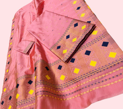 kamdar Woven Mekhela Chador Polyester, Silk Blend Saree(Pink)