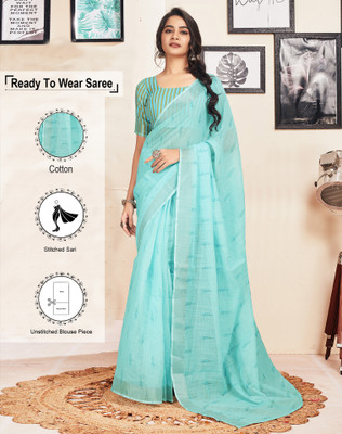 SIRIL Printed Jamdani Pure Cotton Saree(Light Blue)