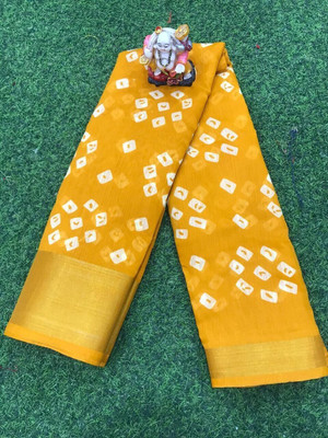 khial Printed Bandhani Cotton Blend Saree(Yellow)