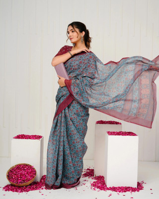 SHRIVAN FASHION Printed Bollywood Cotton Linen Saree(Maroon, Light Blue)
