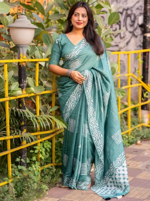 Tasrika Printed Chanderi Cotton Blend Saree(Green)