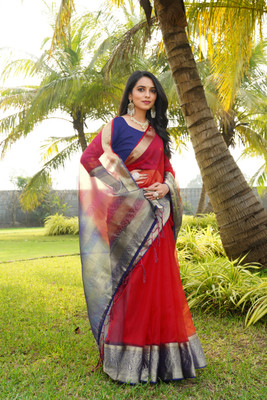 Aarunika MT Solid/Plain Bollywood Organza Saree(Red)