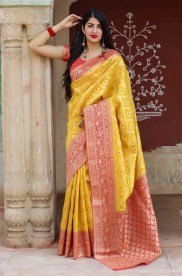 Aldwych Woven Banarasi Silk Blend Saree(Yellow)