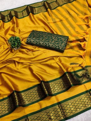 Nimidiya Printed Kanjivaram Silk Blend Saree(Mustard, Green)