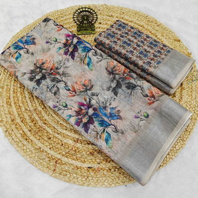 Sniccs Trend Floral Print, Printed Bollywood Linen Saree(Grey)