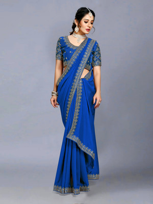 Vivan Fab Self Design, Embroidered Bollywood Polyester Saree(Blue)