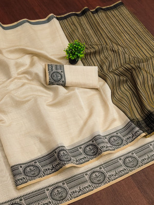 Cjrm Solid/Plain Gadwal Cotton Silk Saree(Black, Cream)