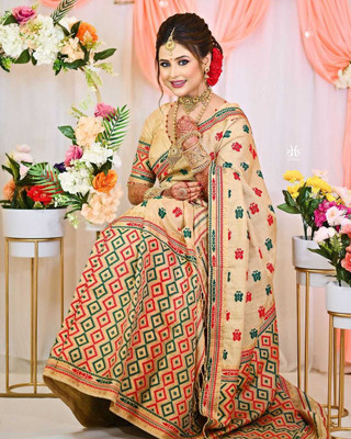 S P CREATION Woven Mekhela Chador Silk Blend Saree(Cream)