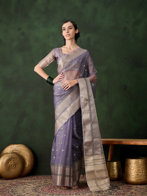 Sangria Woven Saree with Attached Blouse Organza Saree(Purple)