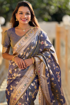 ROOP LAVANYA Woven Banarasi Jacquard, Art Silk Saree(Grey)
