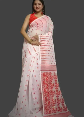 Soma Tant saree Mahal Self Design, Woven, Geometric Print Handloom Cotton Silk Saree(White)