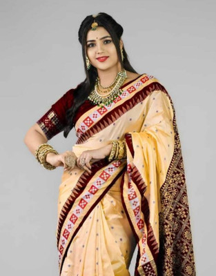 Weaver store Temple Border Sambalpuri Art Silk Saree(Cream)