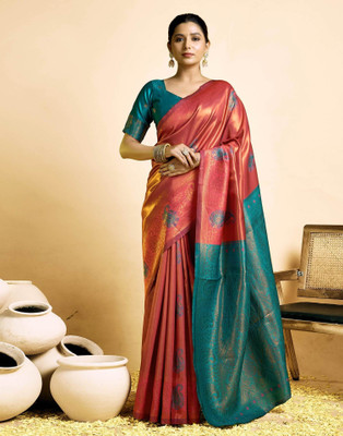 Falessa Woven Banarasi Silk Blend Saree(Red, Green)
