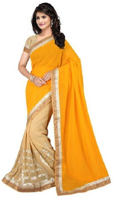 ROOP SUNDARI SAREES Self Design, Embroidered Bollywood Georgette Saree(Mustard)