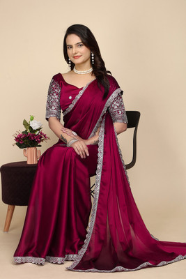 SAADHYA CREATION Embroidered, Solid/Plain Bollywood Chiffon Saree(Maroon)