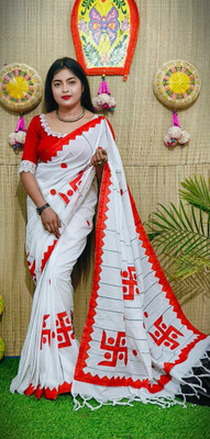 RJSC Applique Handloom Cotton Blend Saree(White)