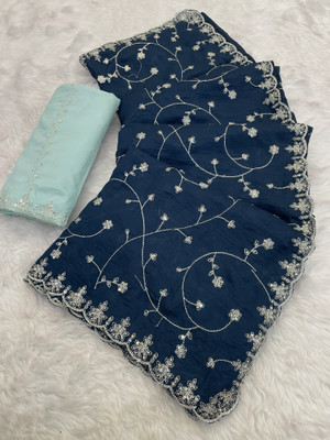 BELLETRENDZ Embroidered Bollywood Jimmy choo Saree(Blue)