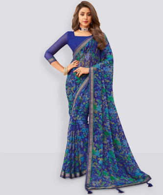 Samah Printed Daily Wear Georgette, Chiffon Saree(Blue)
