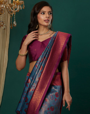 STITCH N SOLUS Woven, Embellished Banarasi Silk Blend, Pure Silk Saree(Blue, Maroon)