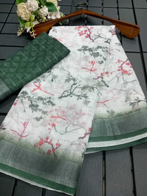 HouseOfCommon Floral Print Kanjivaram Linen, Cotton Linen Saree(White)
