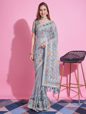 ANOUK Embroidered Chanderi Net Saree(Grey)