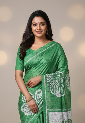 Anugrah Textile Printed Banarasi Lycra Blend, Chiffon Saree(Green, White)