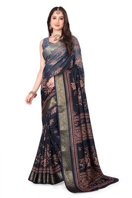 BilloRani Floral Print Bollywood Cotton Silk, Silk Blend Saree(Grey)