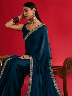 Sareemall Embellished Bollywood Satin Saree(Dark Blue)