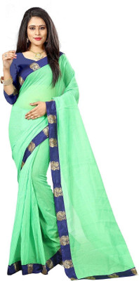 ROOP SUNDARI SAREES Dyed, Solid/Plain Chanderi Cotton Blend Saree(Green)