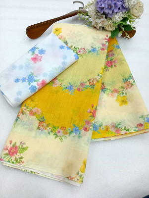 Saaransh Floral Print Kanjivaram Linen, Cotton Silk Saree(Multicolor)