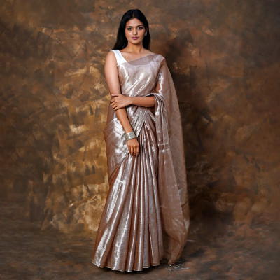 Teejh Solid/Plain Bollywood Tissue Saree(Cream)