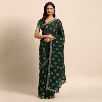 Peachmode Printed Bollywood Chiffon Saree(Green)