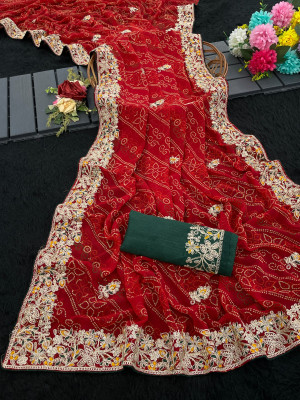 LAJEELEE Embroidered Bandhani Georgette Saree(Red)