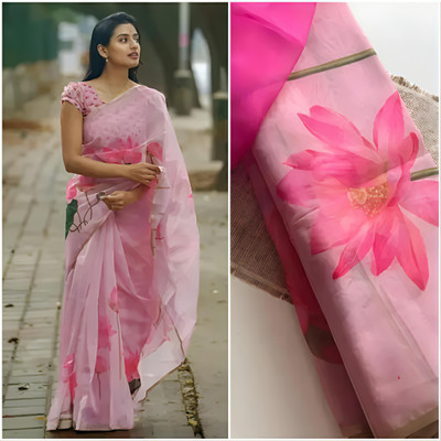 VCREATION Digital Print Bollywood Cotton Linen Saree(Pink)
