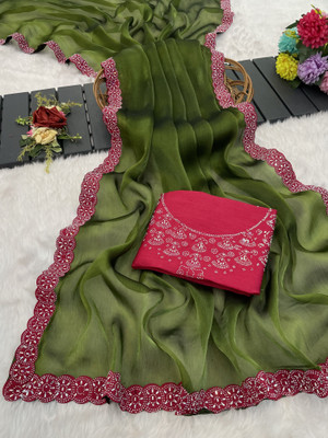 HouseOfCommon Embellished, Solid/Plain Bollywood Silk Blend Saree(Light Green)