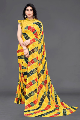SARETRA MALL Blocked Printed, Geometric Print Bandhani Georgette Saree(Mustard)