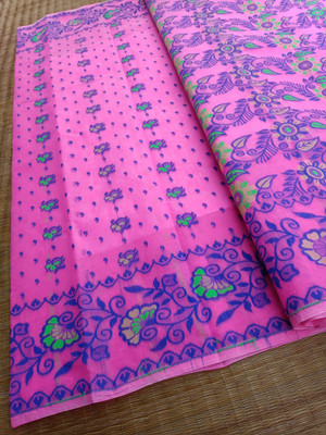 KhayaFashion Woven Tant Pure Cotton Saree(Pink)
