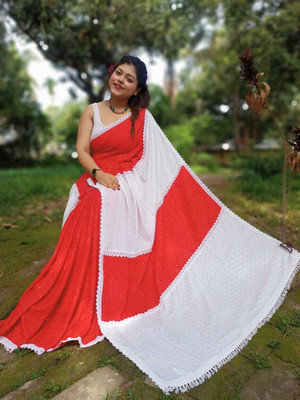 HouseOfCommon Color Block Lucknow Chikankari Chiffon Saree(Red, White)