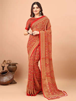 VIBHAGYAA Printed Bandhani Georgette Saree(Red, Beige)
