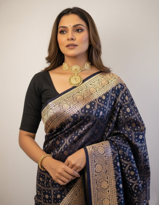 Bindi Checkered Banarasi Jacquard, Art Silk Saree(Dark Blue)
