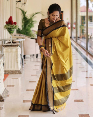 Hiba fabs Solid/Plain Paithani Cotton Silk Saree(Gold, Green)
